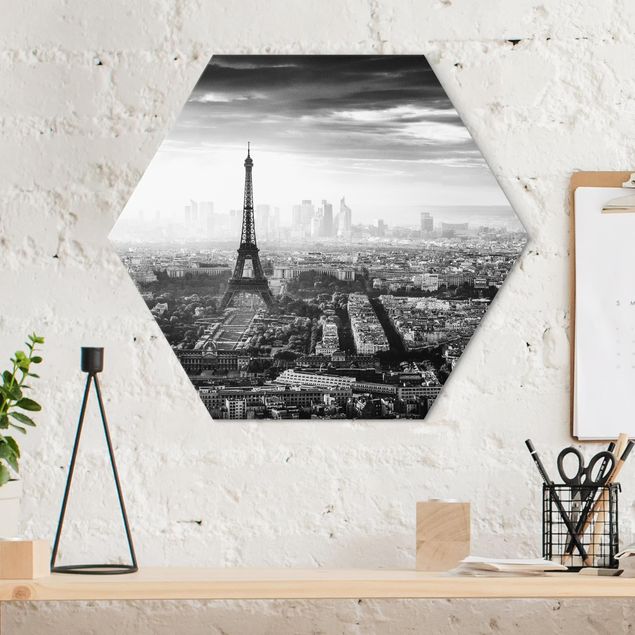 Hexagon Bild Alu-Dibond - Der Eiffelturm von Oben Schwarz-weiß