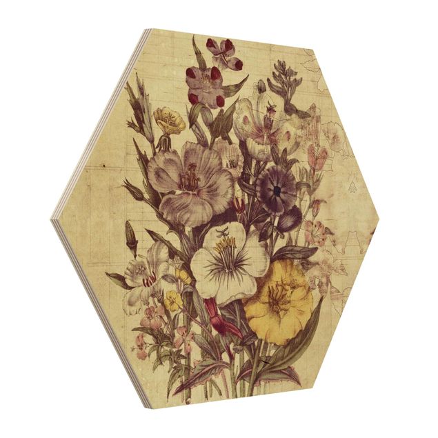 Hexagon Bild Holz - Vintage Letter Blumenstrauss
