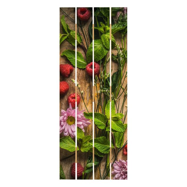 Holzbild - Blumen Himbeeren Minze - Hochformat 5:2