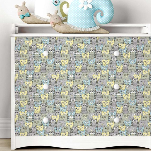 Möbelfolie Kinderzimmer - Muster mit lustigen Eulen blau