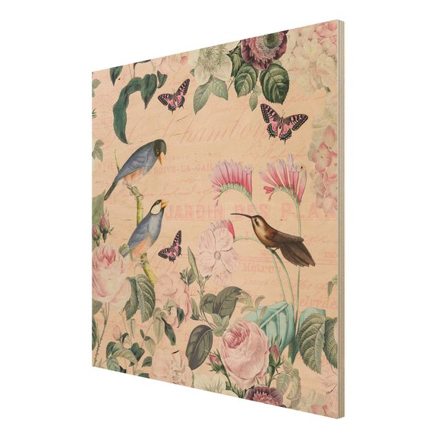 Holzbild - Vintage Collage - Rosen und Vögel - Quadrat 1:1