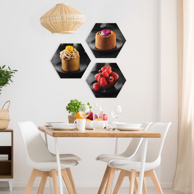 Hexagon Bild Forex 3-teilig - Schokoladentörtchen mit Himbeeren