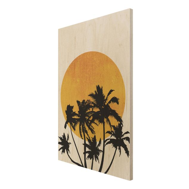 Holzbild - Palmen vor goldener Sonne - Hochformat 3:2