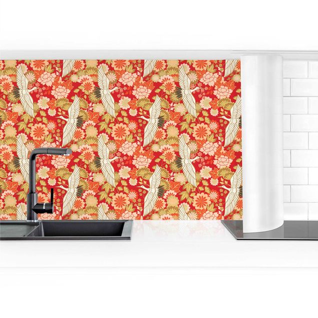 Küchenrückwand - Kraniche und Chrysanthemen Rot