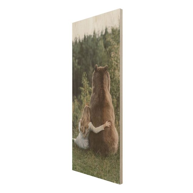 Holzbild - Mädchen mit Braunbär - Panel
