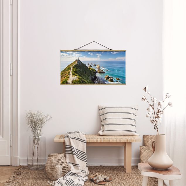 Stoffbild mit Posterleisten - Nugget Point Leuchtturm und Meer Neuseeland - Querformat 2:1