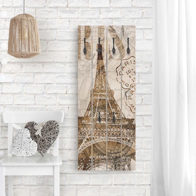 Wandgarderobe Holz - Shabby Chic Collage - Paris - Haken chrom Hochformat