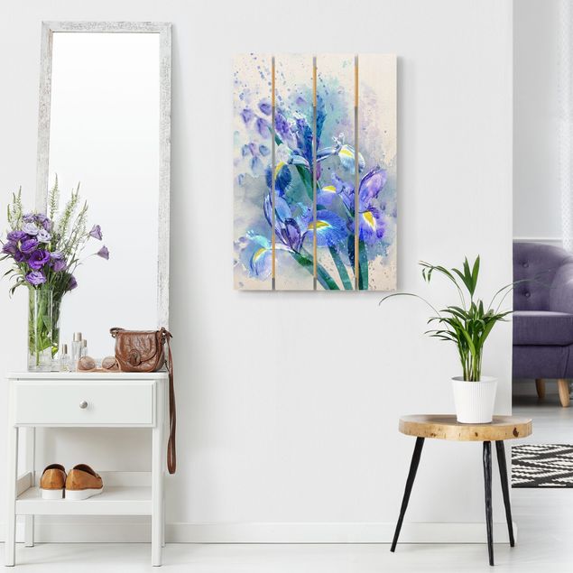 Holzbild - Aquarell Blumen Iris - Hochformat 3:2