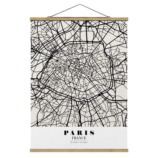 Stoffbild mit Posterleisten - Stadtplan Paris - Klassik - Hochformat 3:4