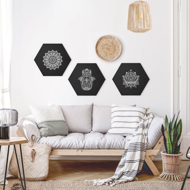 Hexagon Bild Alu-Dibond 3-teilig - Mandala Hamsa Hand Lotus Set auf Schwarz
