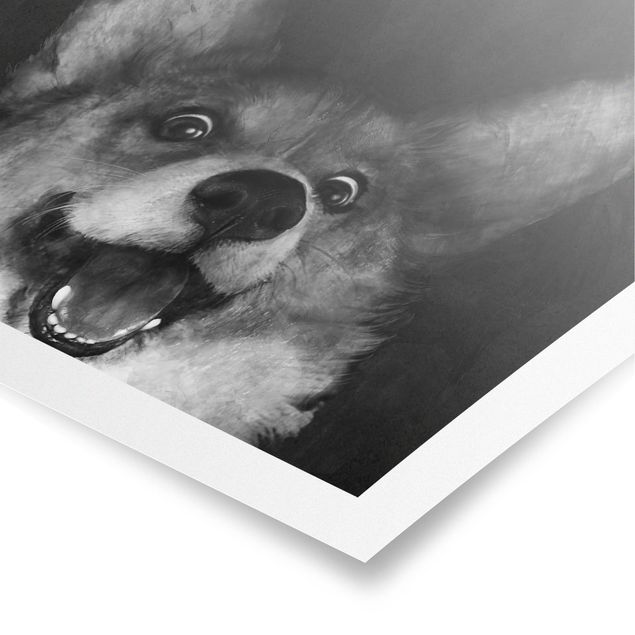 Poster - Illustration Hund Corgi Malerei Schwarz Weiß - Hochformat 4:3