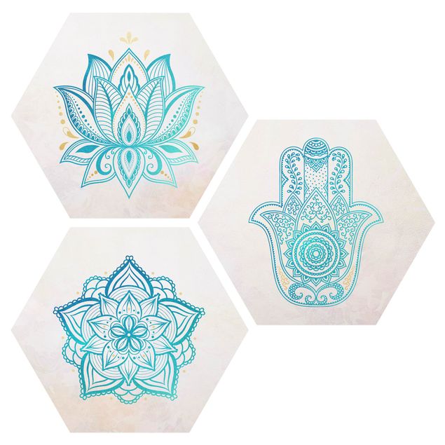 Hexagon Bild Alu-Dibond 3-teilig - Mandala Hamsa Hand Lotus Set Gold Blau