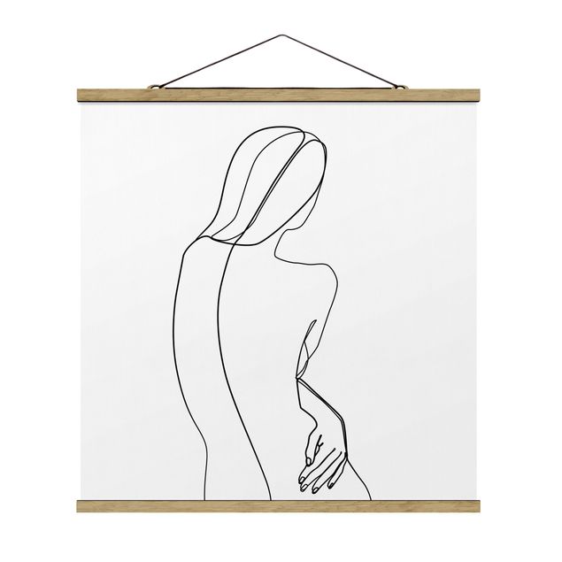 Stoffbild mit Posterleisten - Line Art Rücken Frau Schwarz Weiß - Quadrat 1:1