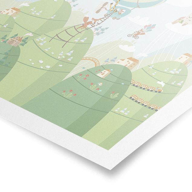 Poster - Wald mit Häusern und Tieren - Quadrat 1:1