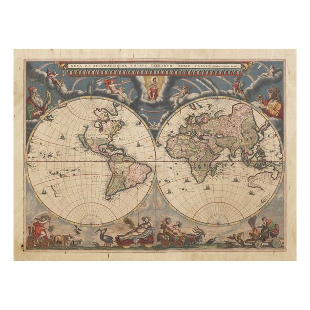 Holzbild - Historische Weltkarte Nova et Accuratissima von 1664 - Querformat 3:4