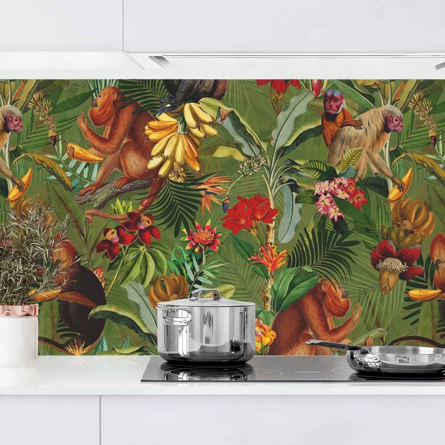 Küchenrückwand - Tropische Blumen mit Affen