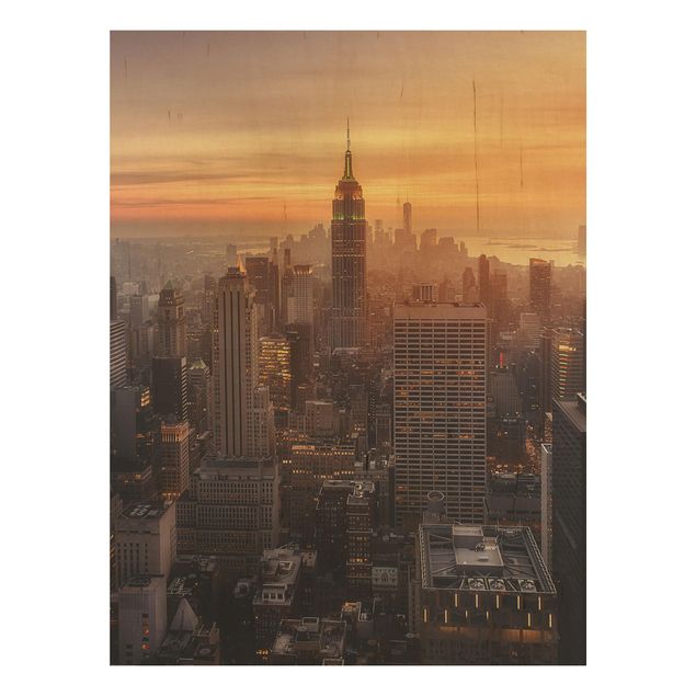 Holzbild - Manhattan Skyline Abendstimmung - Hochformat 4:3