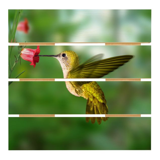 Holzbild - Kolibri und Blüte - Quadrat 1:1