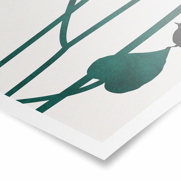 Poster - Grafische Pflanzenwelt - Vogel auf Blatt - Quadrat 1:1