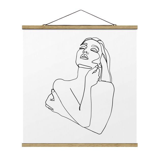Stoffbild mit Posterleisten - Line Art Frau Oberkörper Schwarz Weiß - Quadrat 1:1