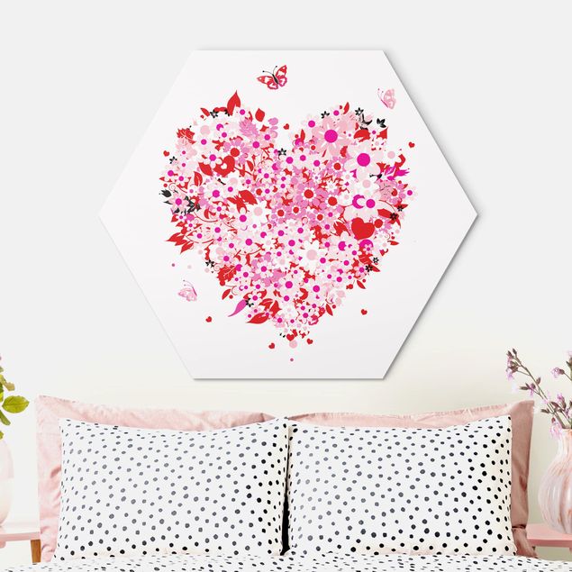 Hexagon Bild Alu-Dibond - Floral Retro Heart