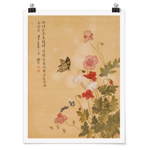 Poster - Yuanyu Ma - Mohnblumen und Schmetterlinge - Hochformat 4:3
