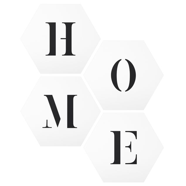 Hexagon Bild Alu-Dibond 4-teilig - Buchstaben HOME Schwarz Set II