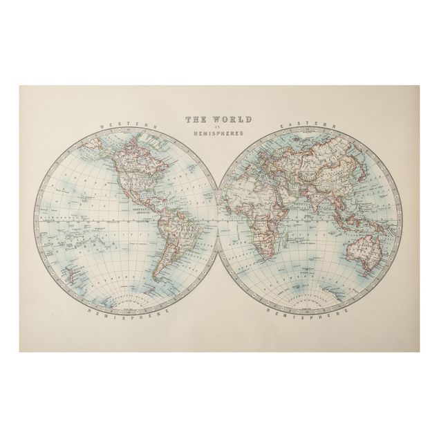 Aluminium Print gebürstet - Vintage Weltkarte Die zwei Hemispheren - Querformat 2:3