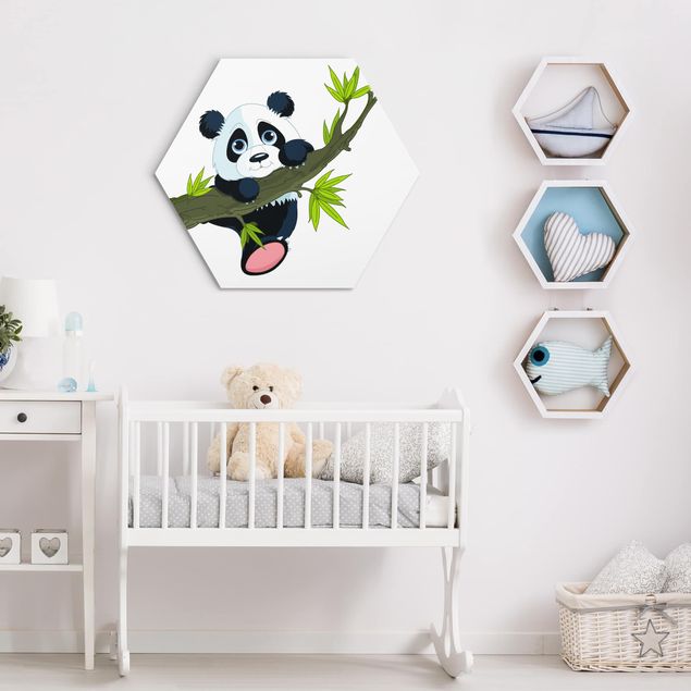 Hexagon Bild Alu-Dibond - Kletternder Panda