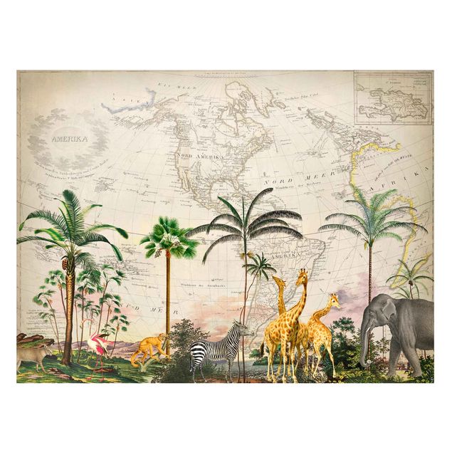 Magnettafel - Vintage Collage - Tierwelt auf Weltkarte - Memoboard Querformat 3:4