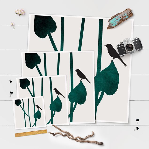 Poster - Grafische Pflanzenwelt - Vogel auf Blatt - Quadrat 1:1