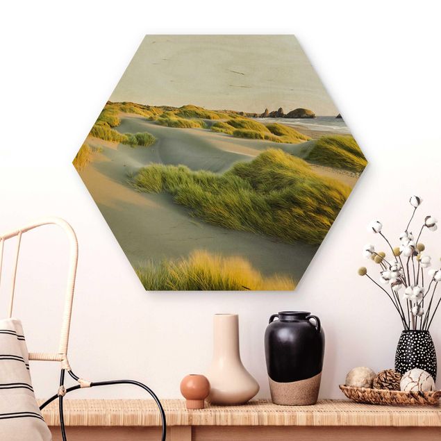 Hexagon Bild Holz - Dünen und Gräser am Meer