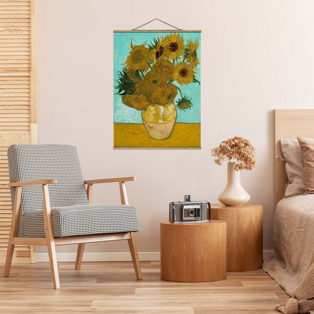Stoffbild mit Posterleisten - Vincent van Gogh - Vase mit Sonnenblumen - Hochformat 3:4
