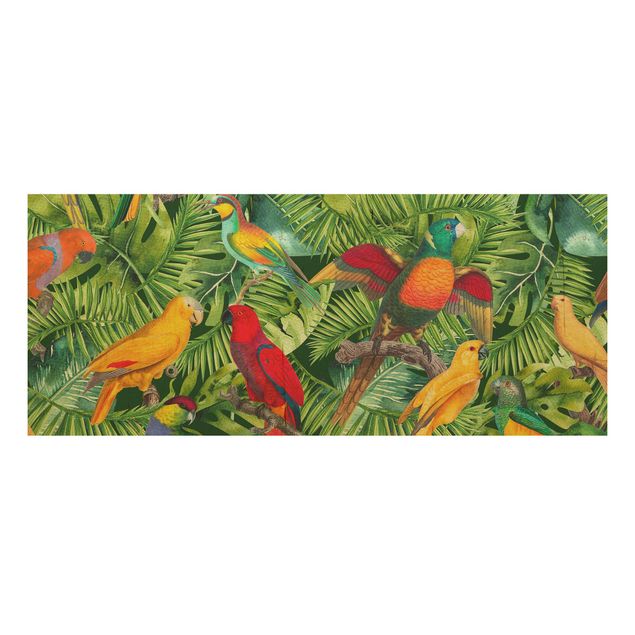 Holzbild - Bunte Collage - Papageien im Dschungel - Panorama