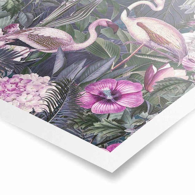 Poster - Bunte Collage - Pinke Flamingos im Dschungel - Quadrat 1:1