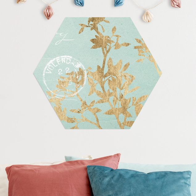 Hexagon Bild Alu-Dibond - Goldene Blätter auf Turquoise II