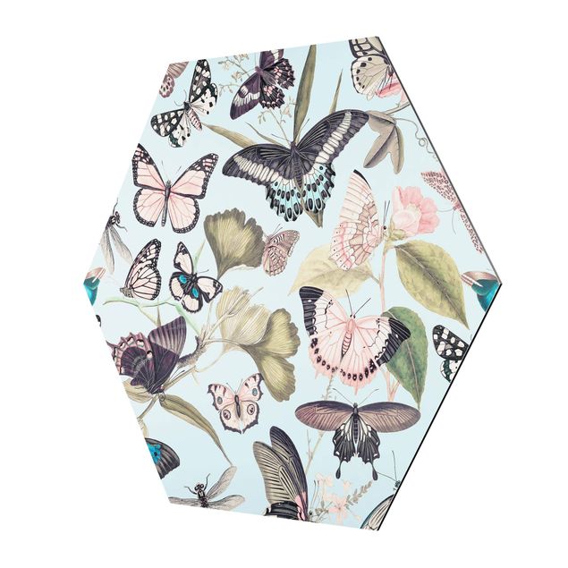 Hexagon Bild Alu-Dibond - Vintage Collage - Schmetterlinge und Libellen