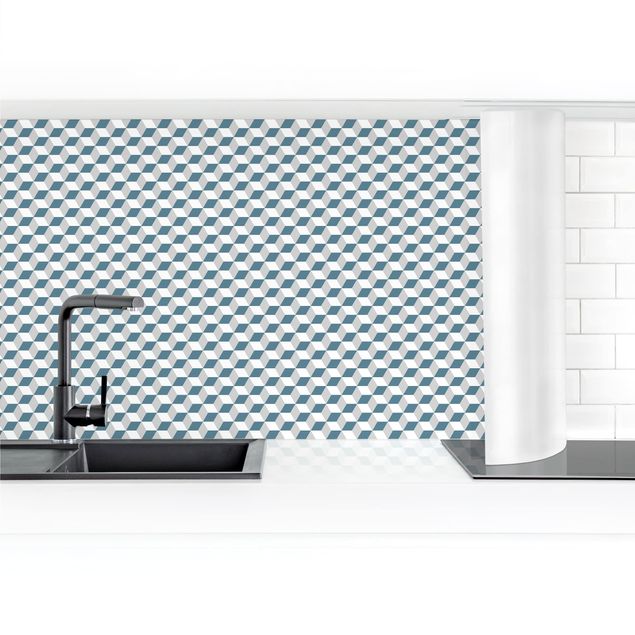 Küchenrückwand - Geometrischer Fliesenmix Würfel Blaugrau