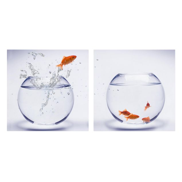 Leinwandbild 2-teilig - Flying Goldfish - Quadrate 1:1
