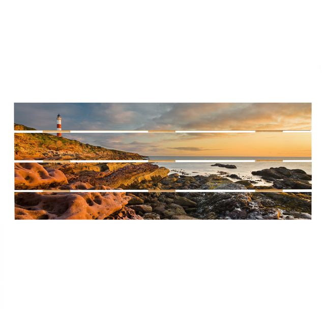 Holzbild - Tarbat Ness Meer & Leuchtturm bei Sonnenuntergang - Querformat 2:5