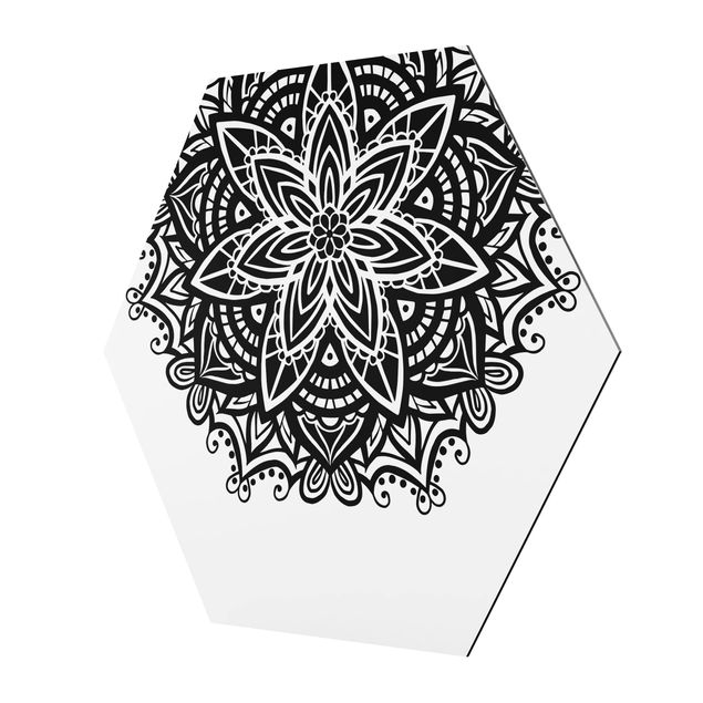 Hexagon Bild Alu-Dibond - Mandala Blüte mit Herz