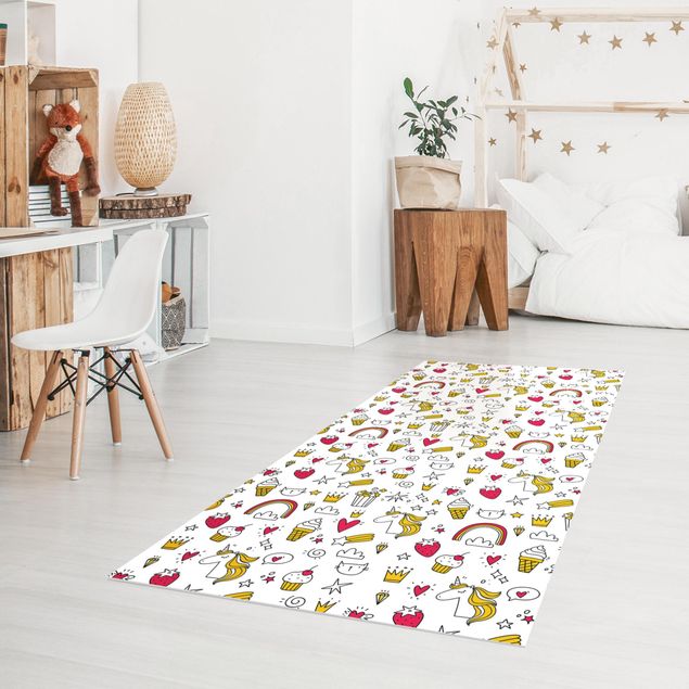 Moderne Teppiche Einhörner und Süßes in Gelb und Rot