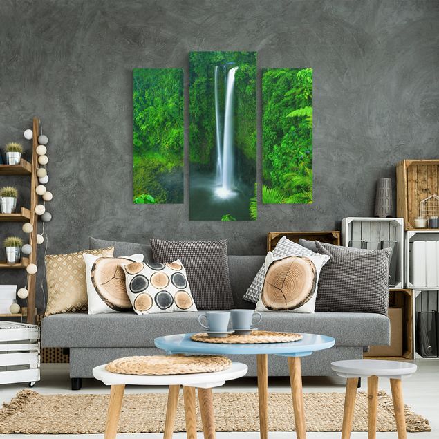Leinwandbild 3-teilig - Paradiesischer Wasserfall - Galerie Triptychon