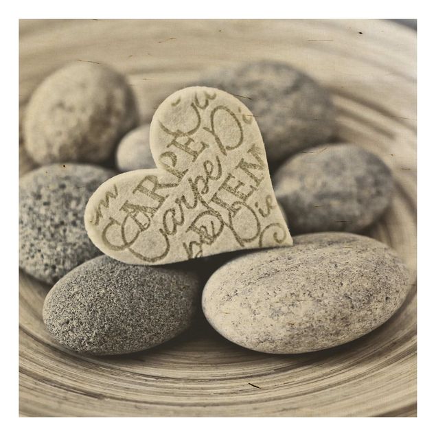 Holzbild - Carpe Diem Herz mit Steinen - Quadrat 1:1
