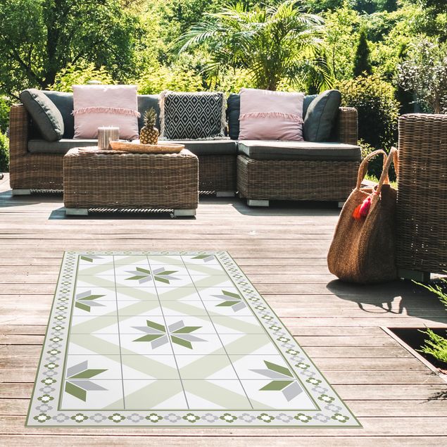 Outdoor Teppich Geometrische Fliesen Rautenblüte Olivgrün mit schmaler Bordüre