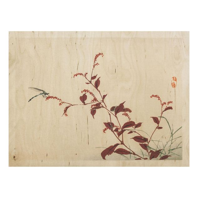 Holzbild - Asiatische Vintage Zeichnung Roter Zweig mit Libelle - Querformat 3:4