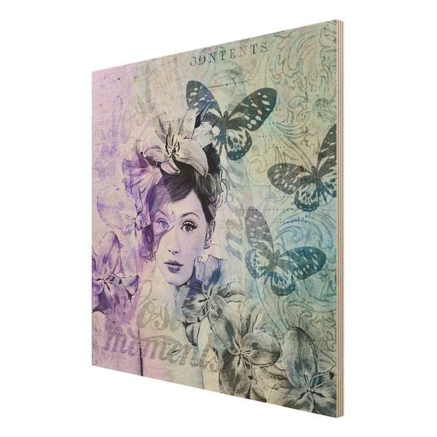 Holzbild - Shabby Chic Collage - Portrait mit Schmetterlingen - Quadrat 1:1