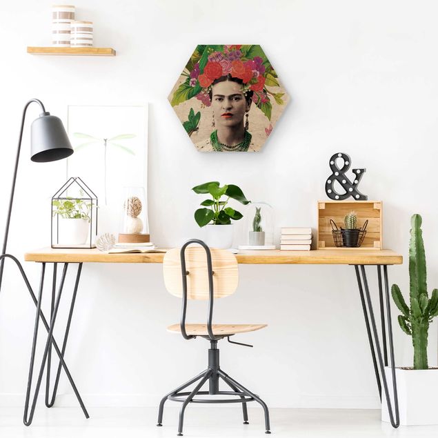 Hexagon Bild Holz - Frida Kahlo - Blumenportrait