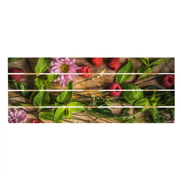 Holzbild - Blumen Himbeeren Minze - Querformat 2:5