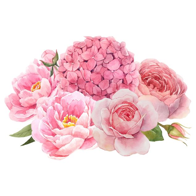 Wandtattoo Aquarell Hortensie Rose Bouquet XXL